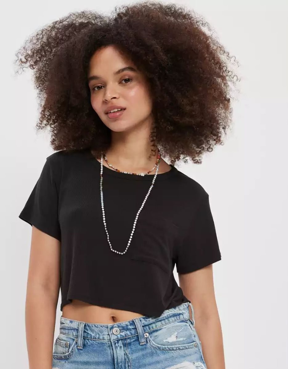 T Shirts American Eagle AE Cropped Soft & Sexy Pocket Tee Noir Femme | KOM-49892832